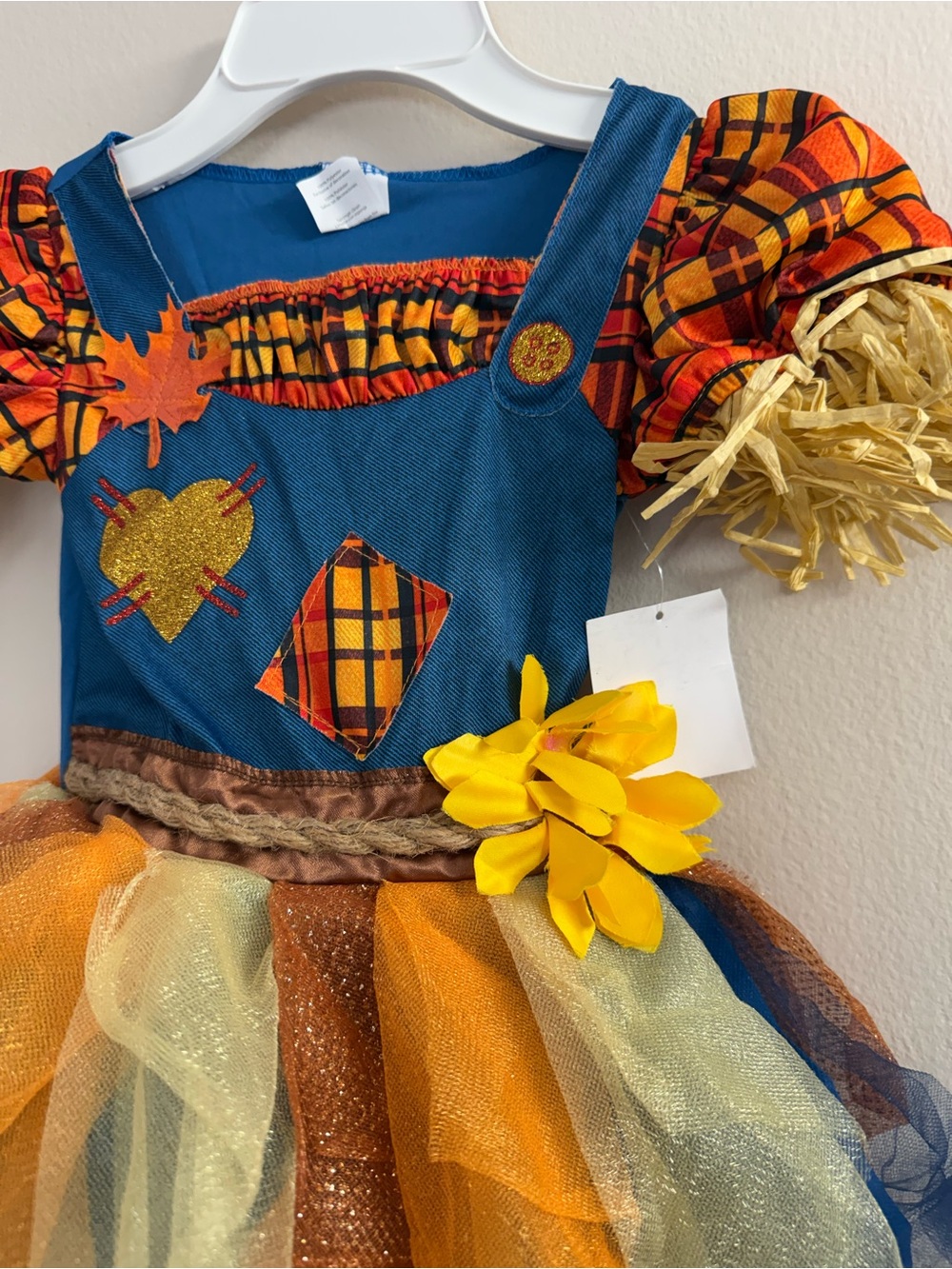 Kids Blue & Orange Scarecrow Costume Dress with Yellow Flower